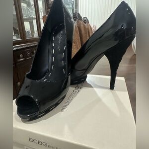 BCBGeneration Glossy Black Peep Toe Heels